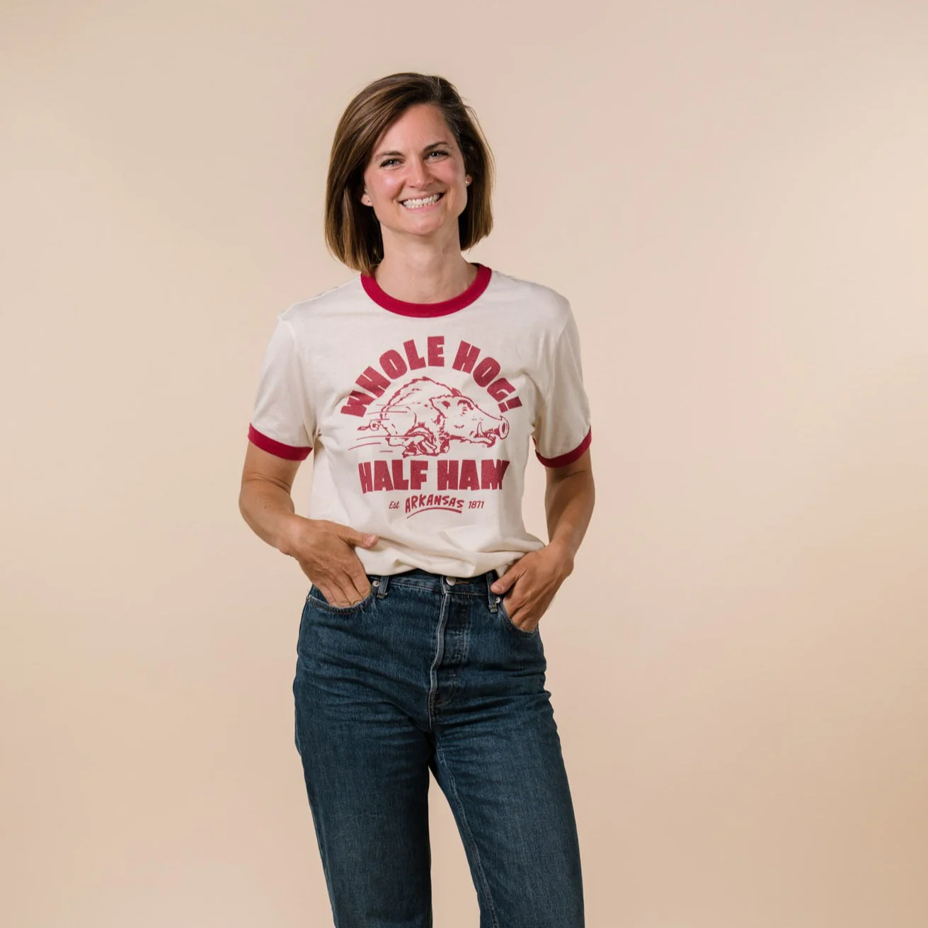 Arkansas "Whole Hog! Half Ham!" Ringer Tee - Image 2