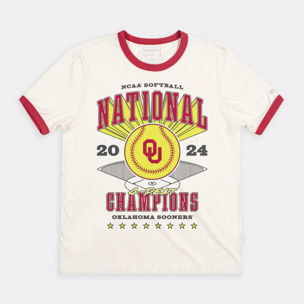 Oklahoma Sooners Softball 2024 National Champs Ringer Tee